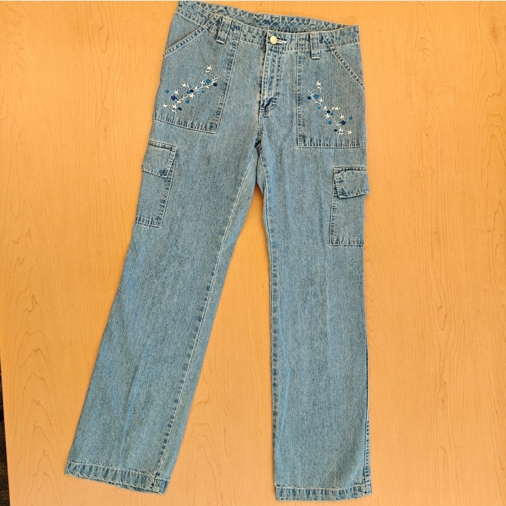 Jordache Carpenter Jean Floral Embroidered Light Wash Denim Women 9/10 Baggy Y2k